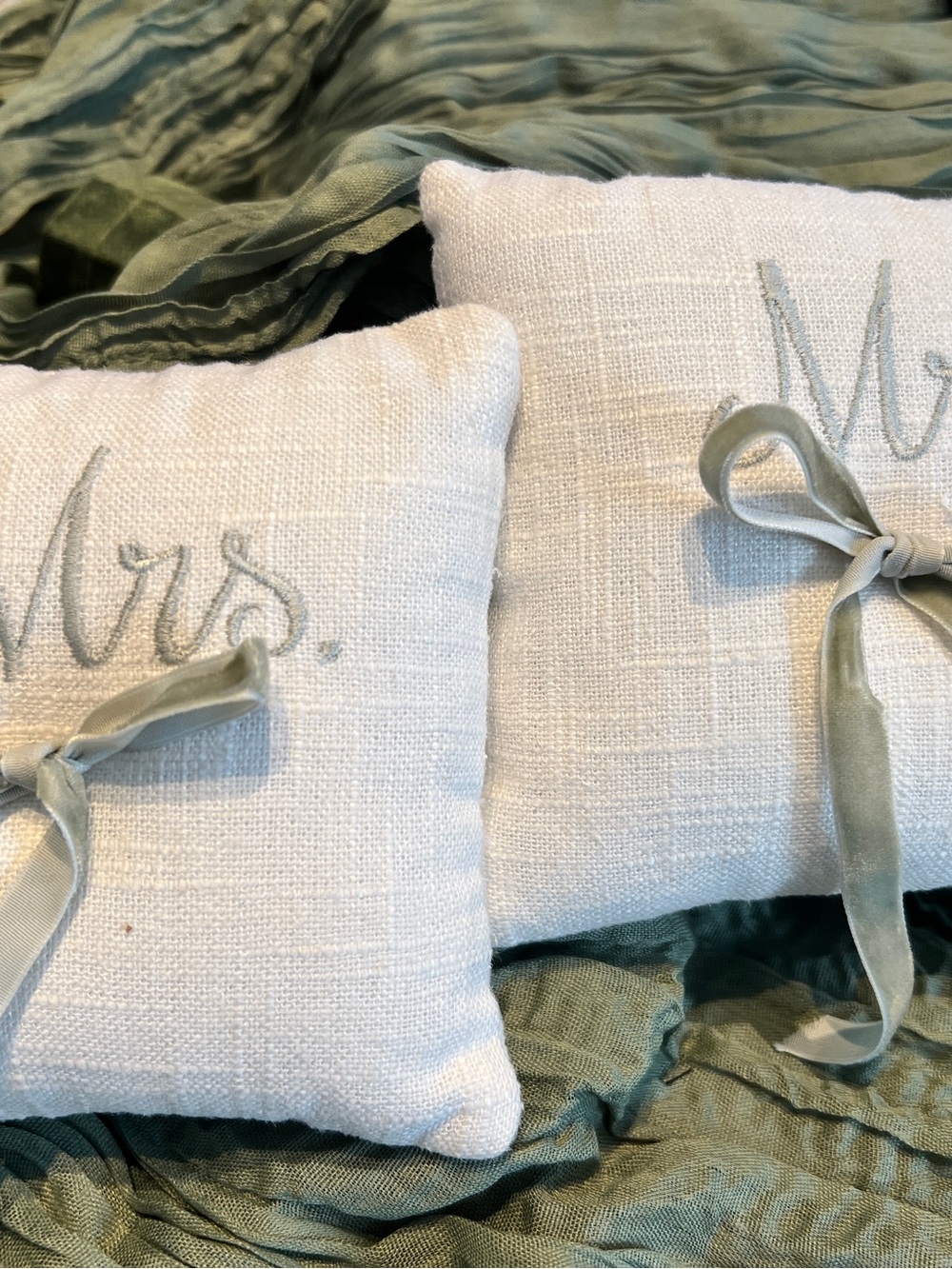 Embroidered 'Mr.’ & ‘Mrs.' Linen Ring Pillow Pair in Soft Sage Ribbon